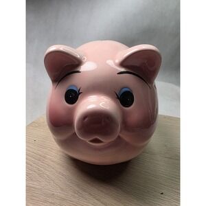 Vintage Mid Century Pottery Blush Pink Fat Belly Curly Tail Pig Piggy Bank